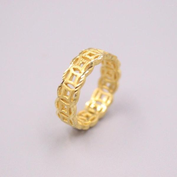 Anillos de racimo 999 24k Anillo de oro amarillo para mujeres Real 3D Patrón de moneda dura Lucky Female Love Wedding US 5-8