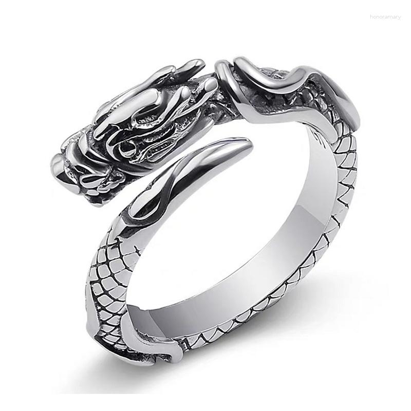 Küme halkaları 9mm genişlik gerçek gümüş vintage ejderha yüzüğü erkek kadın için s925 sterling retro şanslı oyma takı