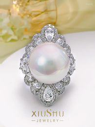 Anillos de racimo A Two Wear Artificial Fritillaria Pearl Ring Heavy Duty Luxury Index Finger Exagerado 925 Silver High Carbon Diamond