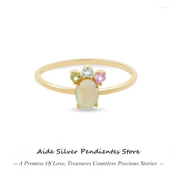 Anillos de racimo AIDE 6 7 8 Oval Rainbow Opal Cat's Paw Wedding Anillo nupcial 925 Plata esterlina Fina para mujeres Chica Bijoux Femme