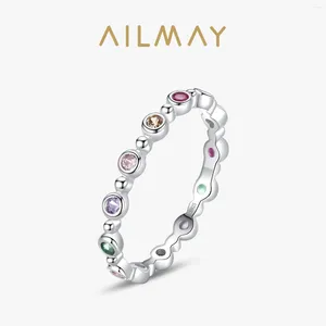 Cluster Anneaux Ailmay 925 Silver Sterling Exquis Round Bubbles Rainbow Colorful Zirconia Finger Ring For Women Fashion Wedding Fine