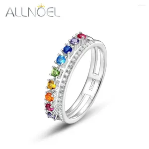 Cluster Ringen ALLNOEL 925 Sterling Zilver Voor Vrouwen Regenboog Kleurrijke 2mm Zirkoon Dubbele Mooie Unieke Verjaardagscadeau Fijne Sieraden