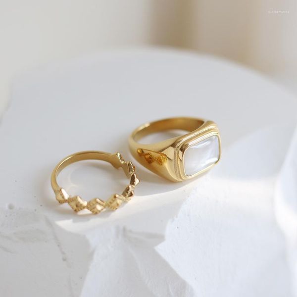 Anillos de racimo Amaiyllis 18K oro romano curvado blanco Shell madre de perla anillo ovalado cuadrado pesado índice dedo para mujer joyería