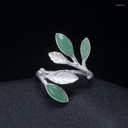 Anillos de racimo Amxiu, joyería hecha a mano de Plata de Ley 925, anillo abierto ajustable, Jade Natural para mujer, bisutería de hoja, accesorios de fiesta