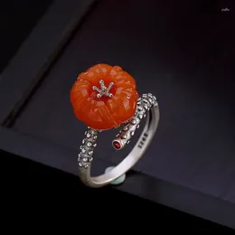 Anneaux de cluster Amxiu main rouge prune fleur anneau réglable ouvert naturel agate 925 argent sterling femmes doigt accessoires