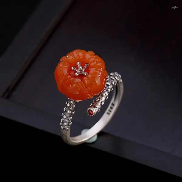 Anneaux de cluster Amxiu main rouge prune fleur anneau réglable ouvert naturel agate 925 argent sterling femmes doigt accessoires