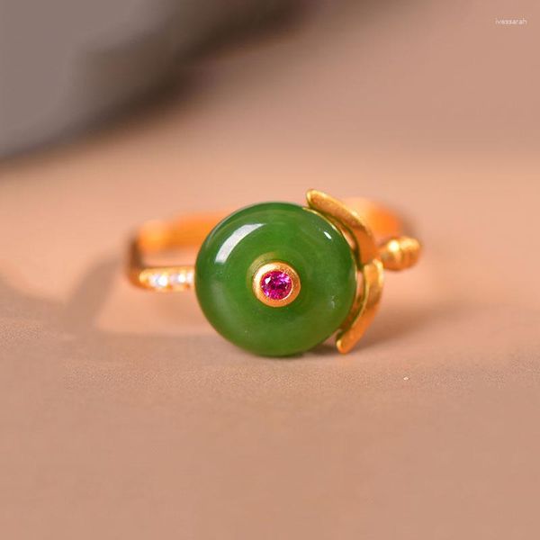 Anillos de racimo, artesanía de oro antiguo, Jade Hetian Natural, abalorio Vintage, diseño cuadrado único para mujer, joyería de fiesta de moda ajustable