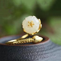 Cluster anneaux antique artisanat doré naturel natural white jade fleur de fleur fleur floraison anneau réglable de style chinois charme femme je