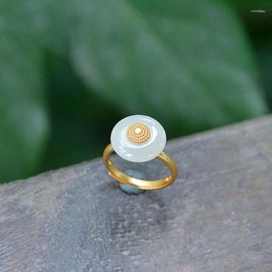 Cluster ringen oud gouden vakmanschap ingelegde natuurlijke hetian jade ronde donuts verstelbare ring voortreffelijke Chinese damesmerk sieraden