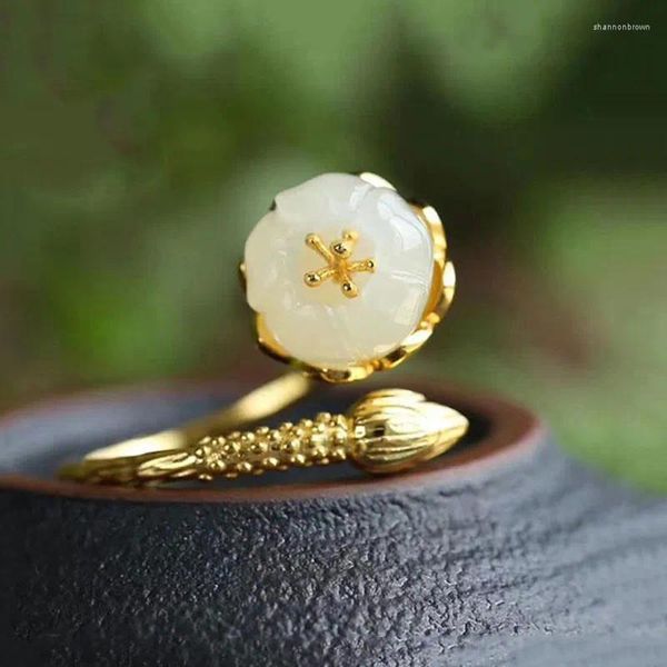 Anillos de racimo Antiguo Oro Artesanía Natural Hetian Blanco Jade Flor Planta Floración Anillo Ajustable Estilo Chino Encanto Mujer