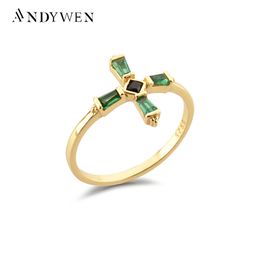 Cluster Rings Andywen 925 Sterling Silver Black Cross Luxury Ring Sieraden Fijne sieraden 2021 Wedding Jewels Slim Grootte Crystal Green Anillo Fino G230228