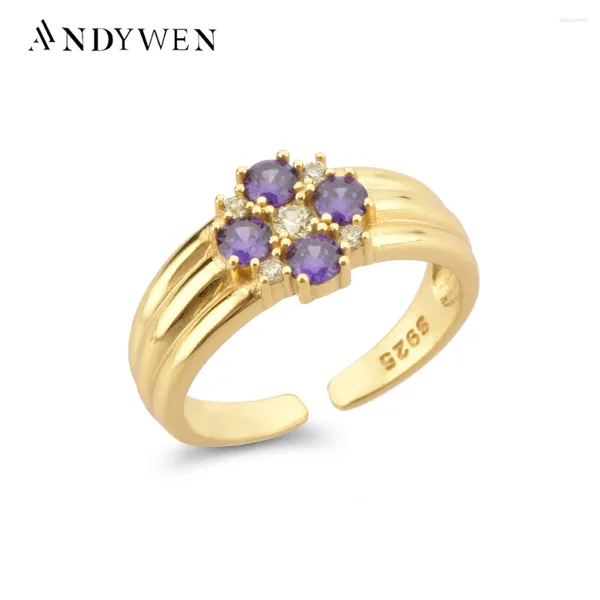 Bagues de cluster Andywen 925 Sterling Silver Gold Fleur Zircon Violet Bleu Briquet Bague Redimensionnable Femmes Fine Bijoux 2024 Cadeau de mariage