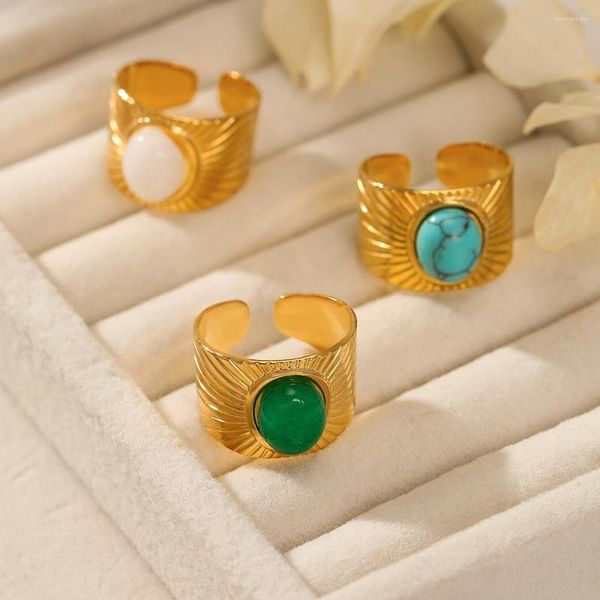 Anillos de racimo ANEEBAYH texturizado Vintage piedra Natural turquesa acero inoxidable geométrico 18K chapado en oro para mujeres regalo de fiesta al por mayor