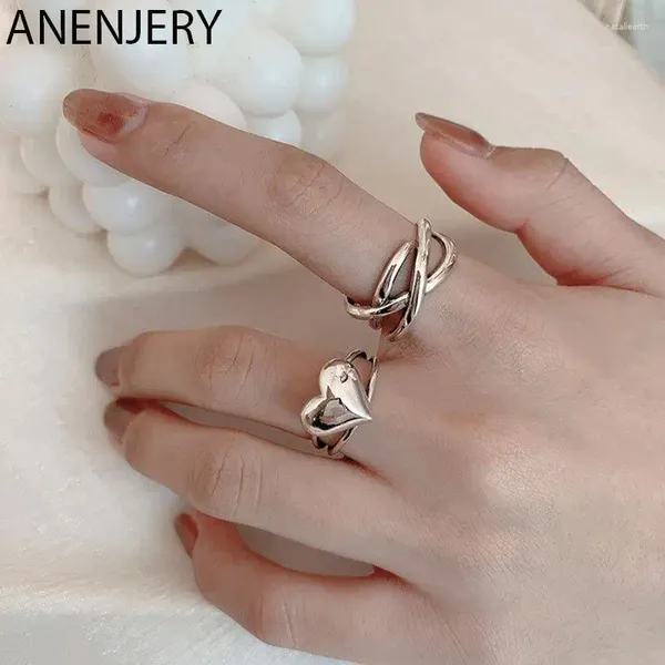 Anneaux de cluster Anenjery Couleur Argent Lisse Love Heart Ouverture Bague Mode Twist Thai Finger pour Femmes Hommes Party Bijoux S-R915