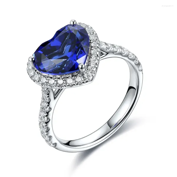 Anneaux de cluster ANSTER 925 Sterling Silver Love Heart 3.43ct Royal Blue Lab Grown Sapphire Bijoux Aquamarine pour les femmes de fiançailles de mariage