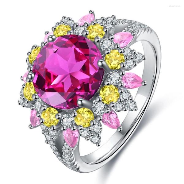 Anillos de clúster Anster Gemstone 925 Sterling Silver Round Cut Lab Sapphire Rink Color Flower anillo de bodas para mujeres