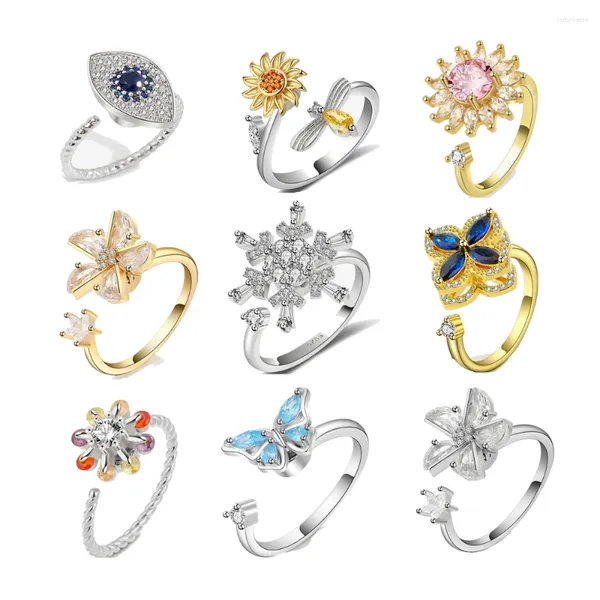 Bagues de cluster Anti-Stress Anxiété 925 Argent Zircon Pour Femmes Spinner Fidget Rotatif Ouverture Mode Plaqué Or Anillos Fine Bijoux