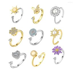 Bagues de cluster Anti-Stress Anxiété Argent Fleur 925 Femmes Hommes Spinner Fidget Vintage Or Couple Anillos Bijoux