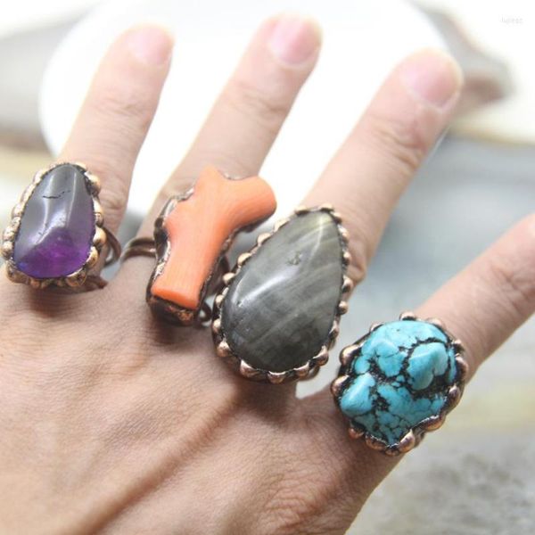 Anillos de racimo Bisel de cobre antiguo Coral Labradorita cruda Amatistas Turquesas Banda Retro Punk Joyería de dedo ajustable Regalos de moda