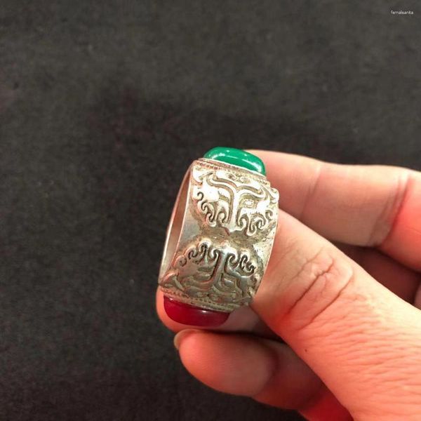 Anillos de racimo Anillo de jade verde antiguo con incrustaciones de plata tibetana para hombres y mujeres grandes