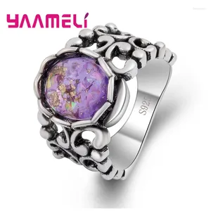 Anillos de racimo Estilos antiguos Bandas anchas para mujeres Hombre Pavimentado Púrpura Rainbow Opal Piedras Real 925 Plata esterlina Retro Anel