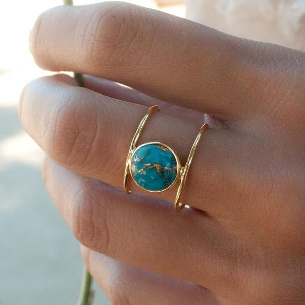 Cluster Rings Antique Unisex Copper Hoop 18k Gold Plated Round Turquoise Natural Stone Ring Pierre précieuse personnalisée pour les femmes