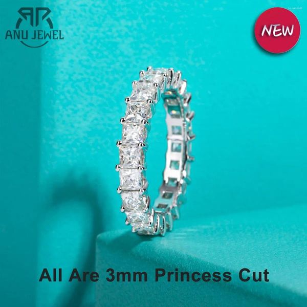 Bagues de cluster AnuJewel 3mm Princesse Cut D Couleur Moissanite Eternity Band 925 Sterling Argent 18k Plaqué Or Bijoux De Mariage En Gros