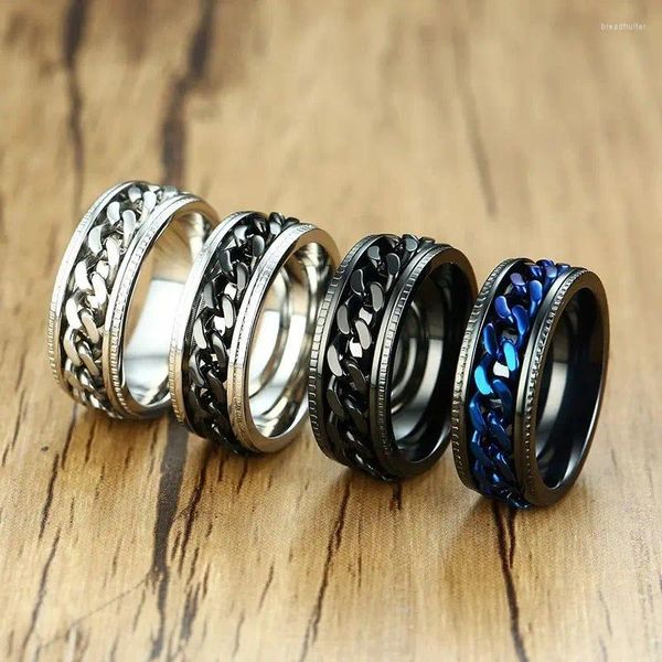 Anillos de racimo Ansiedad Fidget Anillo para hombres Punk Titanio Acero inoxidable Negro Azul Spinning Spinner Cadena giratoria Rotación Homme Regalo