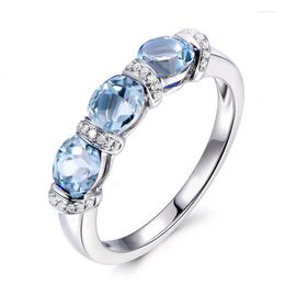 Clusterringen Anziw Oval Cut Three Stone verlovingsring voor vrouwen gemaakt Natural Blue Topaz 925 Silver Wedding Promise Fine Jewelry