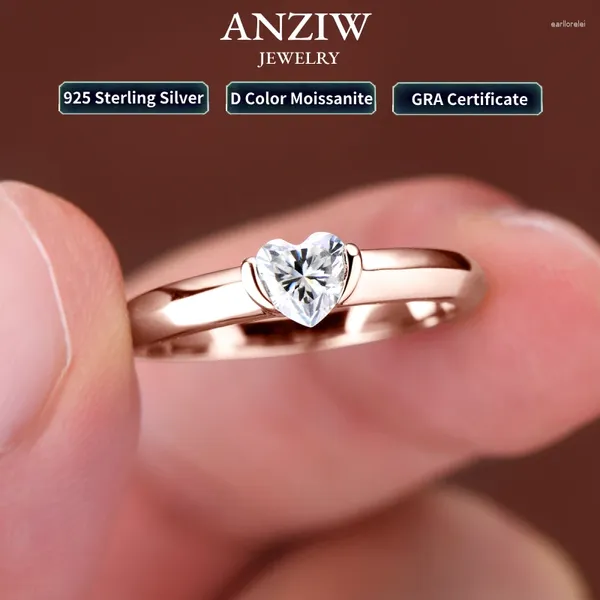 Anneaux de cluster Anziw Rose Gold Couleur 0.5ct en forme de coeur Moissanite Solitaire Bague de fiançailles Argent 925 pour les femmes promettent des bandes de mariage