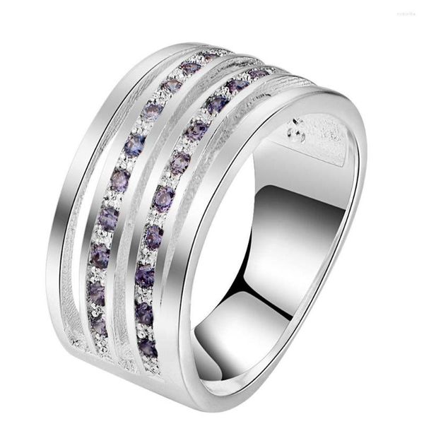 Anillos de racimo AR326 Venta al por mayor Dedo plateado para mujeres Hombres Joyería de moda Bijouterie púrpura Zircon Piedra Cristal