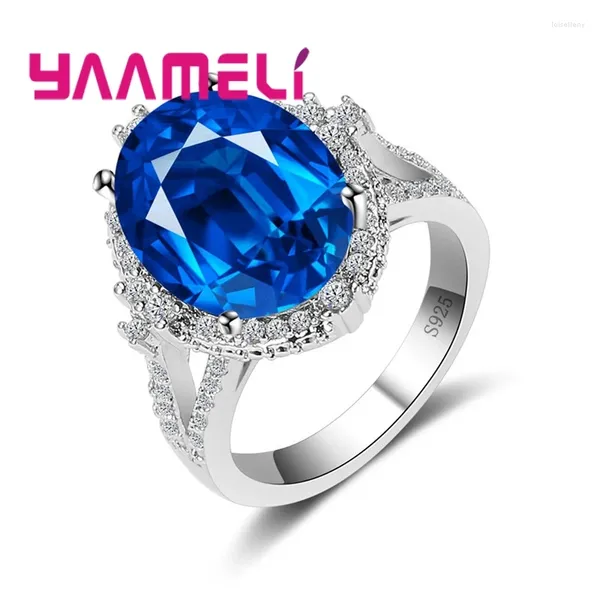 Anillos de racimo Llegada Clear Blue Zirconia Cubic Crystal 925 Sterling Silver Ring Femenino Femenino Elegante Joyería