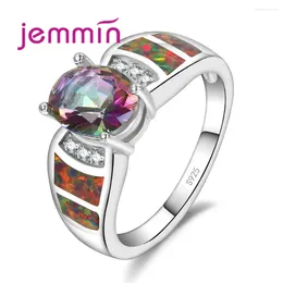 Clusterringen Aankomst CZ 925 Sterling Silver Rainbow Fire Opal Ring For Women Party Cocktail Elegant Jewelry Christmas Cadeau