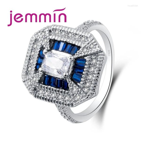 Anillos de racimo Llegada Exquisita artesanía Azul oscuro Mar azul Cubic Zirconia Diseño de corte cuadrado 925 Anillo de plata esterlina para mujeres para hombre