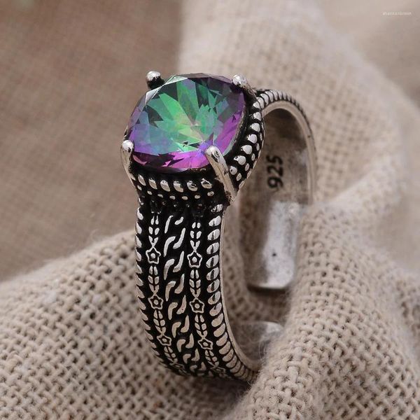 Bagues de cluster Arrivée Style rétro Pierre colorée Belle bague en argent thaïlandais pour femme Cérémonie de mariage de mariée Proposer des cadeaux de bijoux