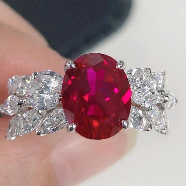 Anillos de racimo Art Deco 3CT Corte ovalado Diamante rojo Anillo femenino AU585 Sólido 14K 585 Oro blanco Joyería fina 212