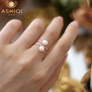 Clusterringen Ashiqi 925 Sterling Silver Natural Freshwater Double Pearl Ring Fashion sieraden voor vrouwen cadeau G230228