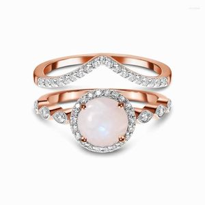 Clusterringen Asinlove Luxe Rose Gold edelsteen ronde Synthese Moonstone voor vrouwen Real 925 Sterling Silver stapelbare bruiloftsjuwelen