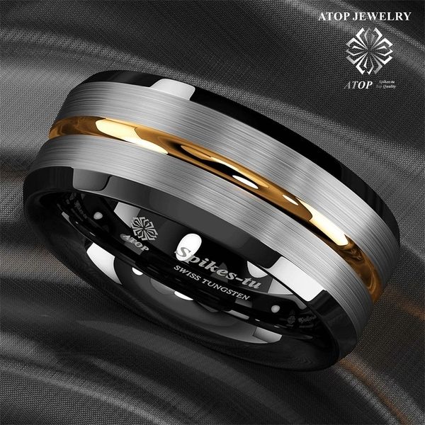 Anillos de racimo ATOP 8 mm Banda de boda para hombres Plata cepillado Borde negro Anillo de tungsteno Incrustación de oro Joyería personalizada 220922