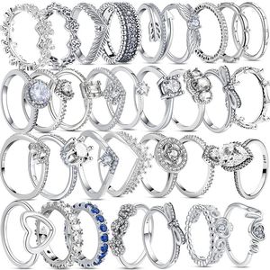 Cluster Anneaux Authentique 925 Argent Couronne Coeur Fleur Bowknot Aile Effacer Zircon Étincelant Original Pantaro Anneau Pour Les Femmes Bijoux De Mariage