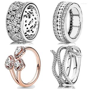 Cluster Ringen Authentieke 925 Sterling Zilver Wervelende Slang Roos Geometrische Vormen Glinsterende Bladeren Dikke Band Ring Voor Vrouwen Mode-sieraden