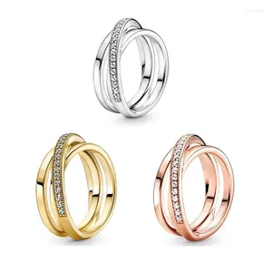 Clusterringen Authentiek 925 Sterling Zilver Rose Goud Crossover Pave Triple Met Kristallen Ring Voor Vrouwen Bruiloft Europa Mode-sieraden