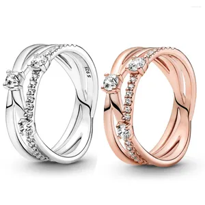 Clusterringen Authentieke 925 Sterling Zilver Sprankelende Triple Band Fashion Ring Voor Vrouwen Cadeau DIY Sieraden