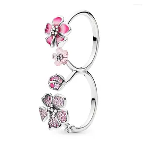 Bagues de cluster Authentique 925 Sterling Silver Double Fleurs de pêche Fleur Bague de mode pour femmes Cadeau DIY Bijoux