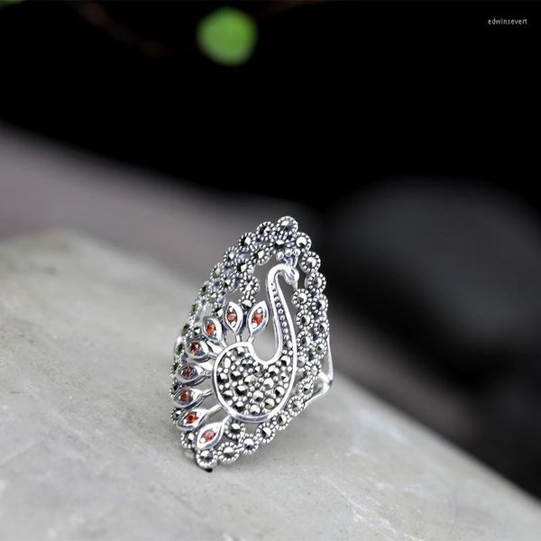 Anillos de racimo Auténtico 925 Anillo de joyería de plata esterlina Accesorios de mujer exagerados Pavo real haciendo alarde de su tipo de apertura de cola Fino Edwi22