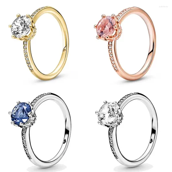 Anillos de racimo Auténtica plata de ley 925 Corona brillante Solitario con anillo de cristal para mujeres Fiesta de bodas Europa Joyería de moda