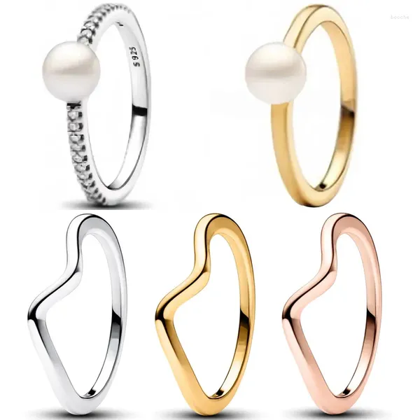 Anillos de racimo Auténtico 925 Anillo de plata esterlina Rosa Brillo dorado Perla de onda pulida con cristal para mujeres Joyería de cumpleaños