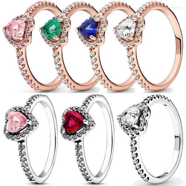 Anillos de racimo Auténtica plata de ley 925 elevada rojo verde azul rosa corazón anillo con cristal para mujeres joyería de regalo de cumpleaños