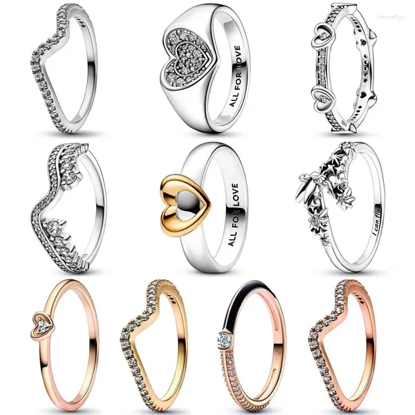 Anillos de racimo Auténtico 925 Plata de ley Sparkling Wave Asimétrico Radiante Corazón Pave Signet Anillo para mujeres Joyería de regalo