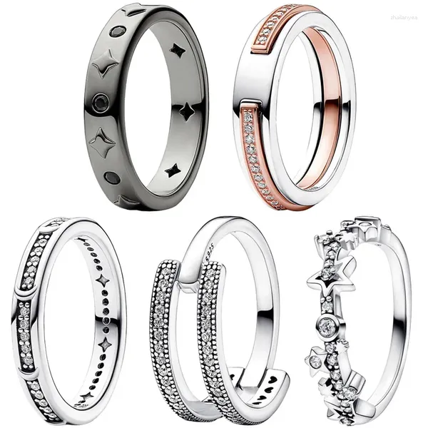 Anillos de racimo Auténtica plata de ley 925 Crescent Moon Stars Firma de dos tonos Pave Anillo de doble banda para mujeres Regalo Joyería de moda